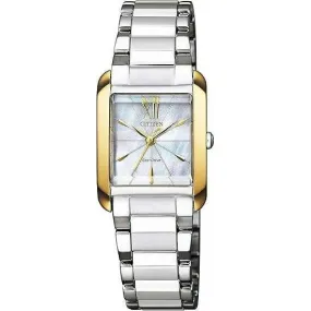 CITIZEN L ECO-DRIVE ANALOG SQUARE MODEL SILVER & GOLD PEARLY DIAL LADIES WATCH EW5558-81D