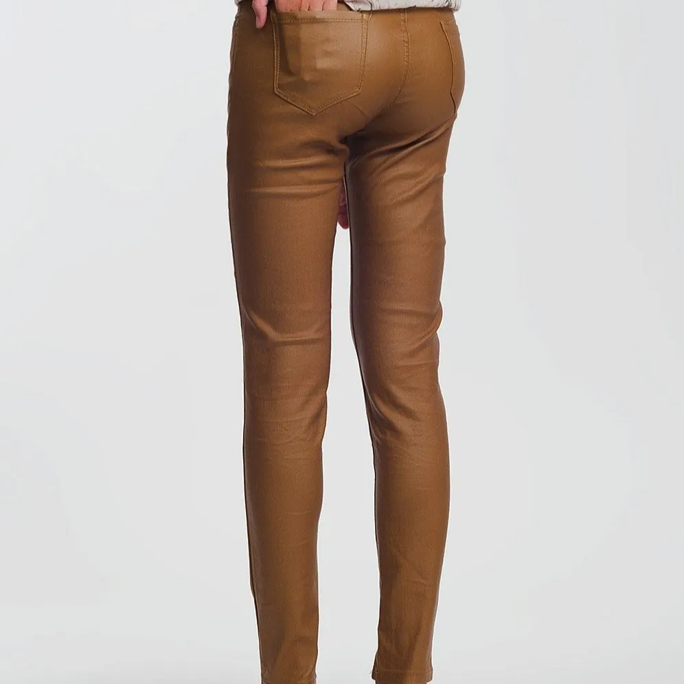 Coated Skinny Pants in Camel