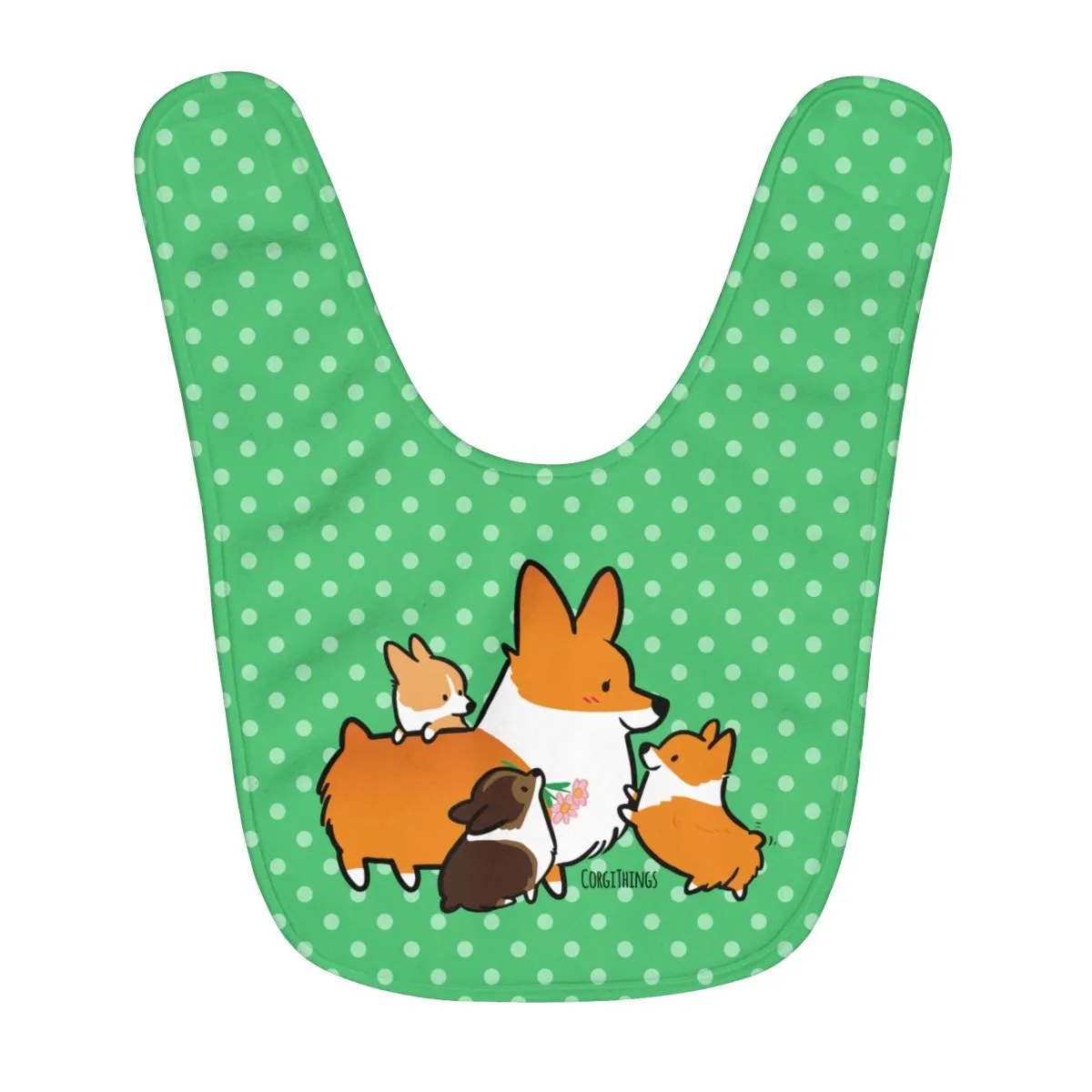 Corgi Mom & Puppies Fleece Baby Bib | Green Polka Dots