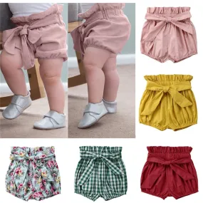 Cute Toddler Baby Girls Clothes Cotton Shorts with Bow  Bloomers Lace-up Bow Floral Plaid Mustard Pink Burgundy Newborn-5T