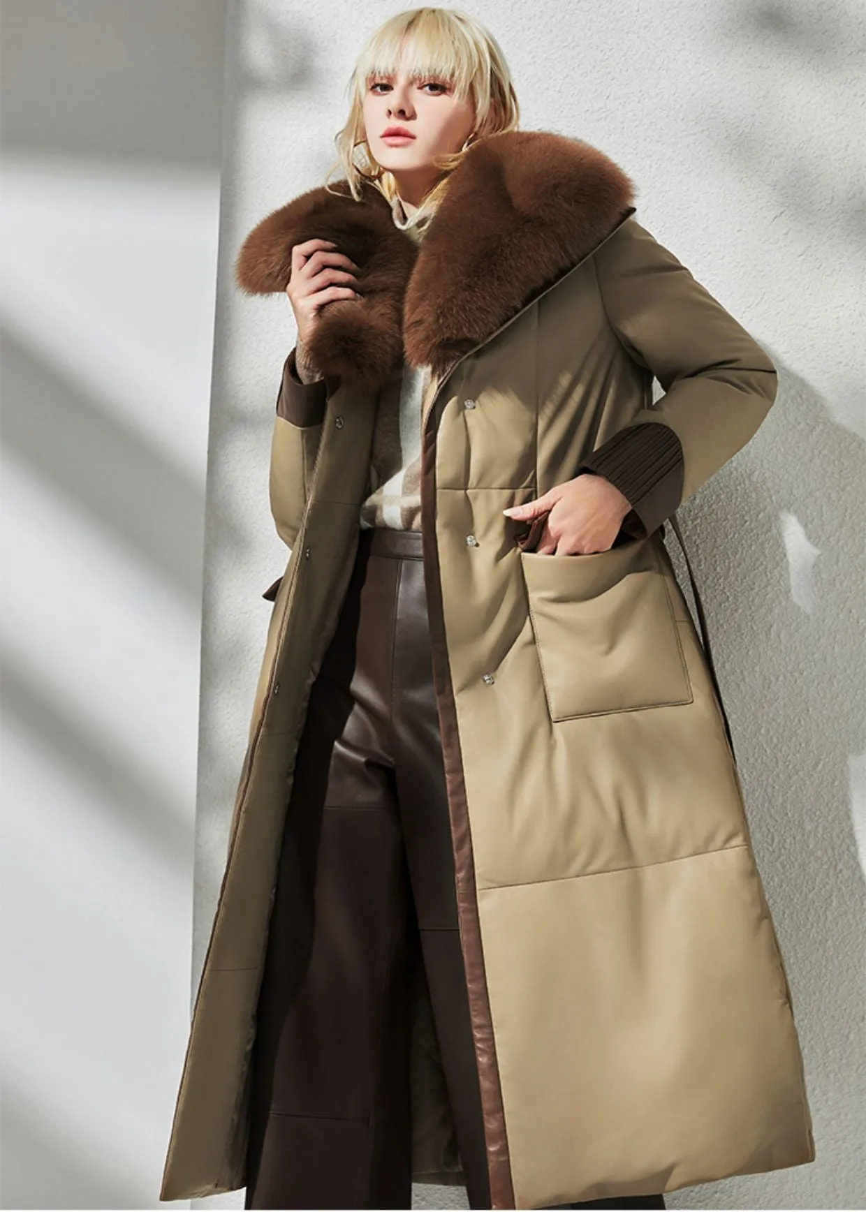 Fox Fur Collar Genuine Leather Down Fill Coat