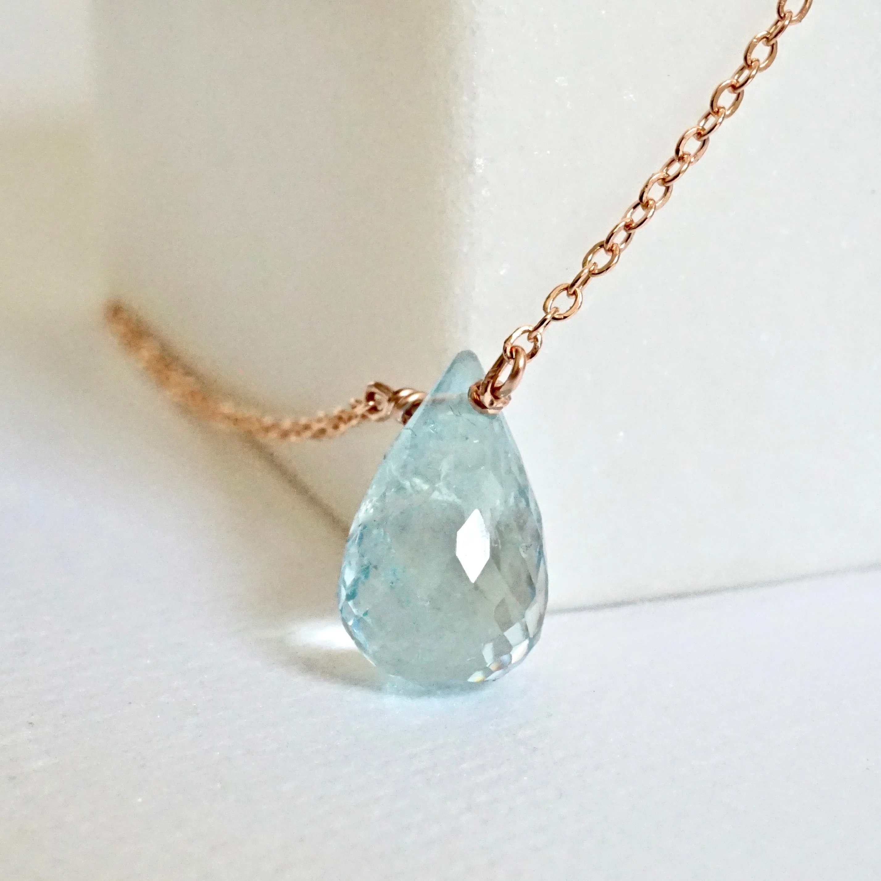 Genuine Aquamarine Briolette Necklace - Handmade March Birthstone Aquamarine Necklace