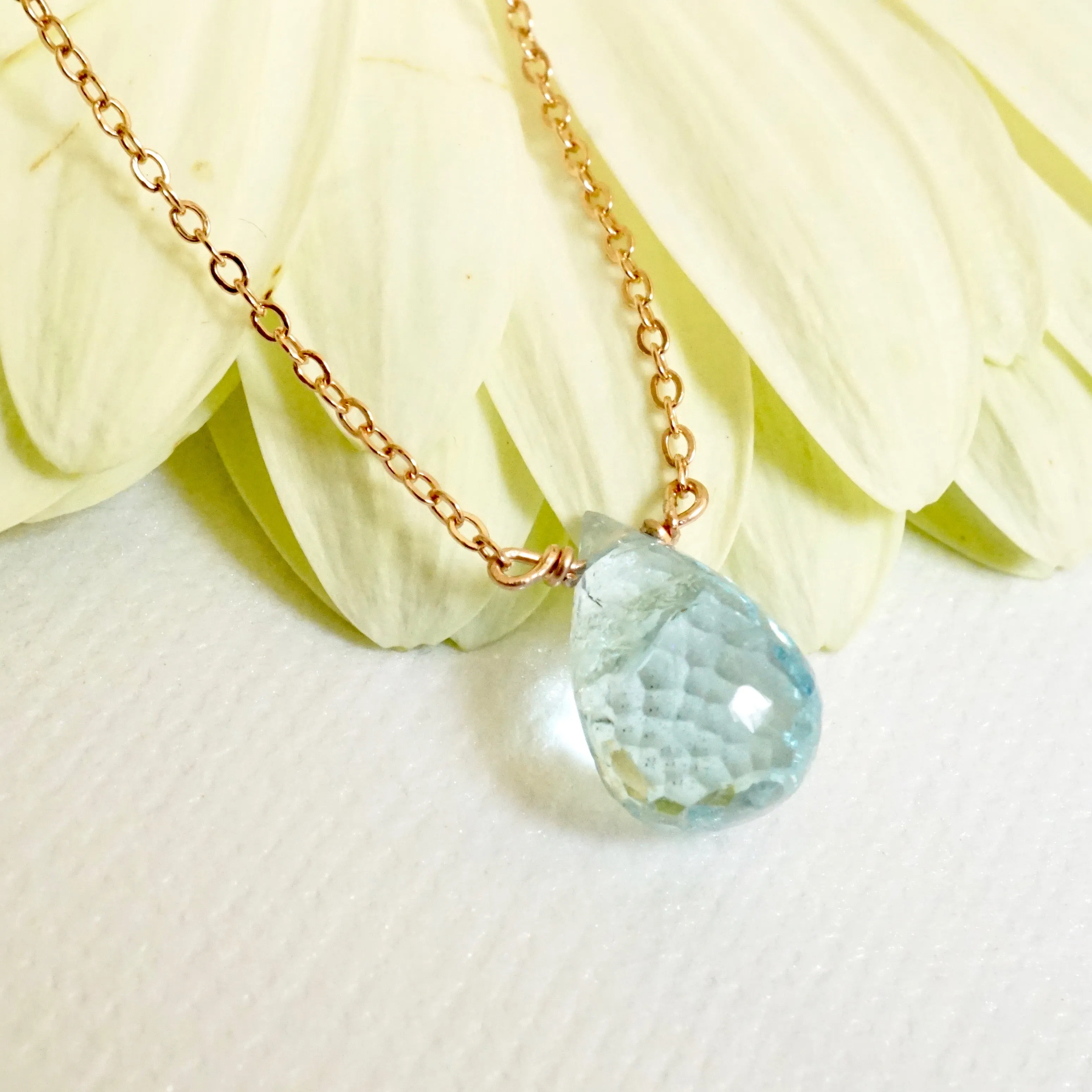 Genuine Aquamarine Briolette Necklace - Handmade March Birthstone Aquamarine Necklace