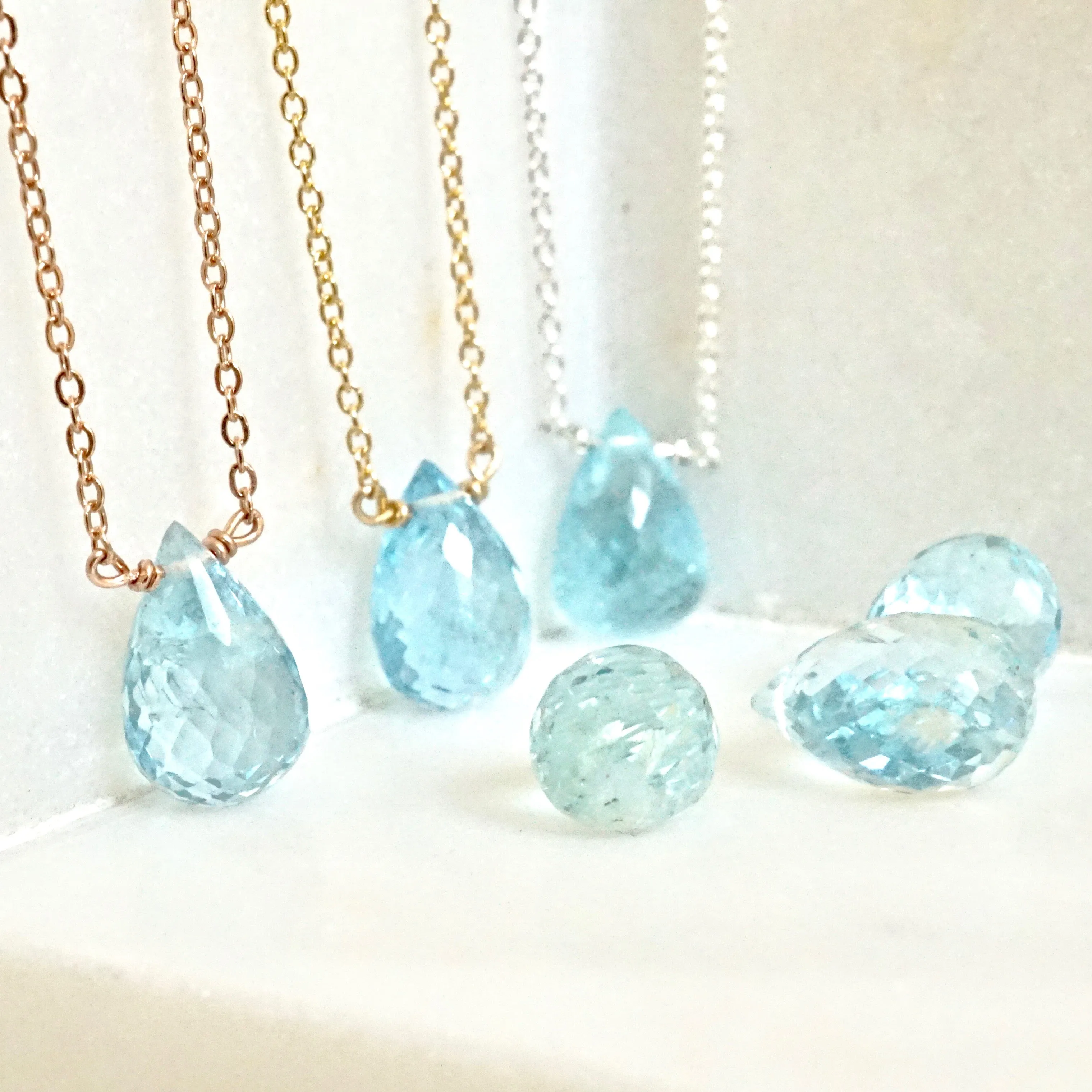 Genuine Aquamarine Briolette Necklace - Handmade March Birthstone Aquamarine Necklace