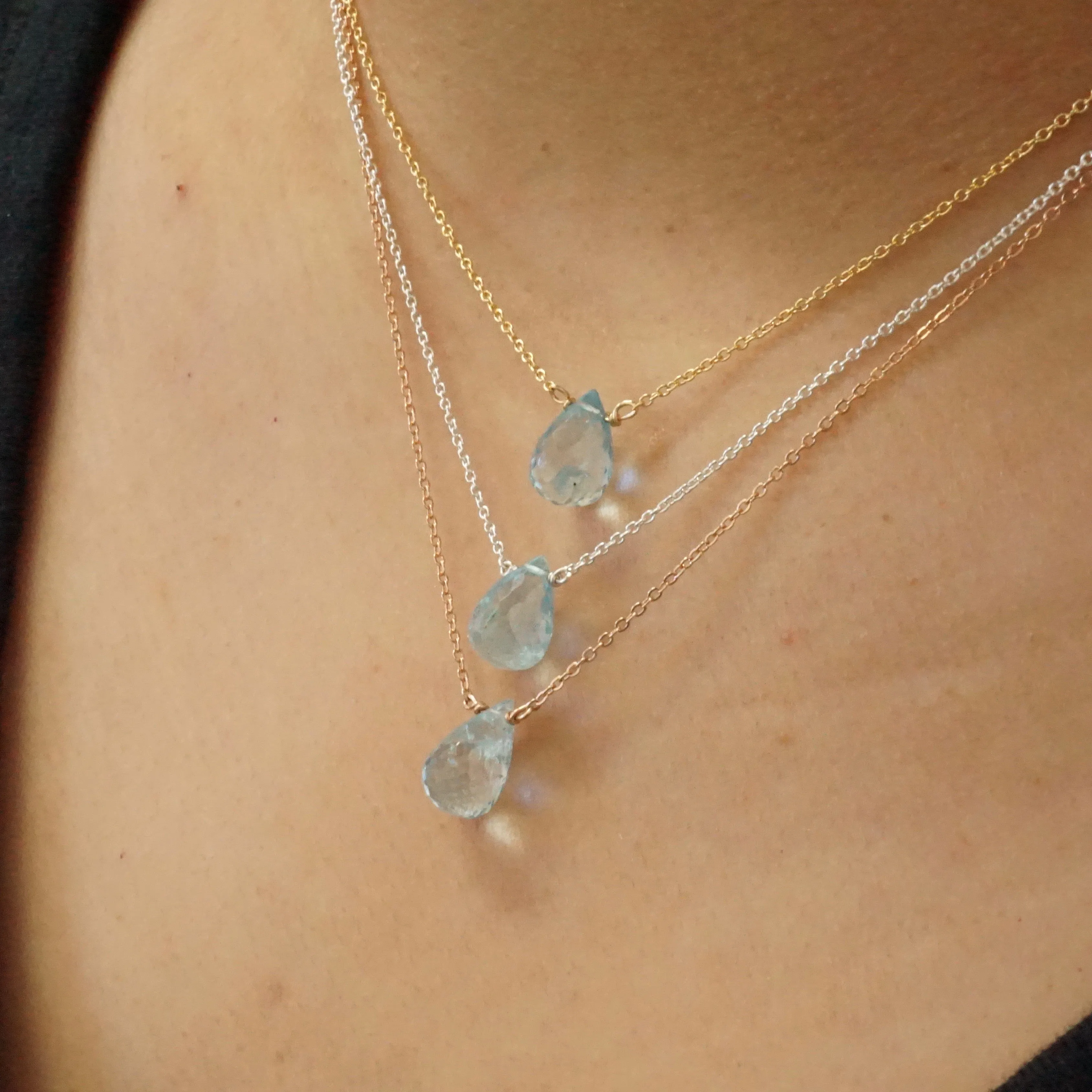 Genuine Aquamarine Briolette Necklace - Handmade March Birthstone Aquamarine Necklace