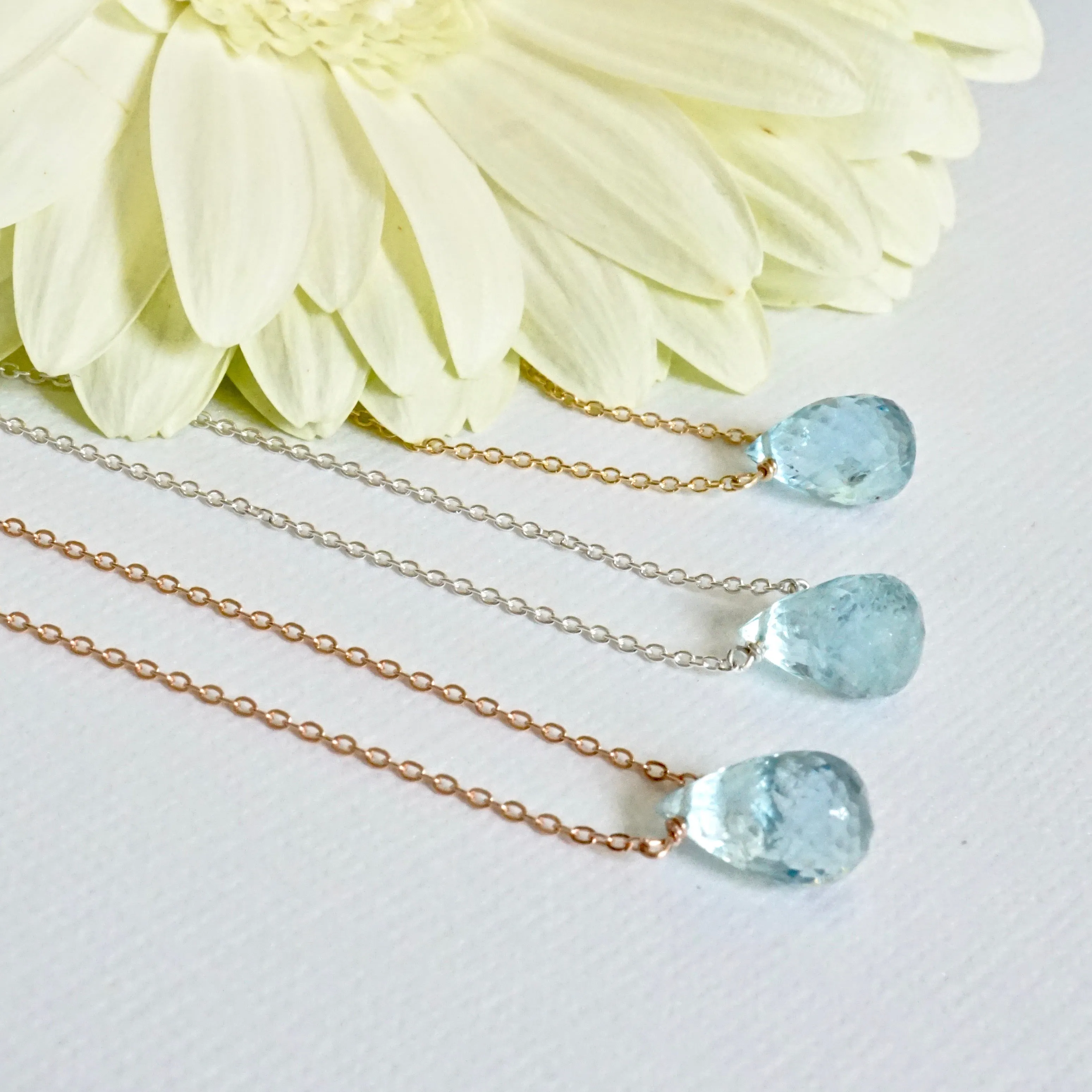 Genuine Aquamarine Briolette Necklace - Handmade March Birthstone Aquamarine Necklace