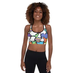 Get a Boost of Confidence with Women's CMYK Graffiti Clouds Padded Sports Bra 001