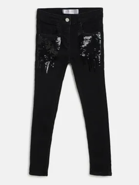 Girls Black  Slim fit Lycra Embellished Jeans