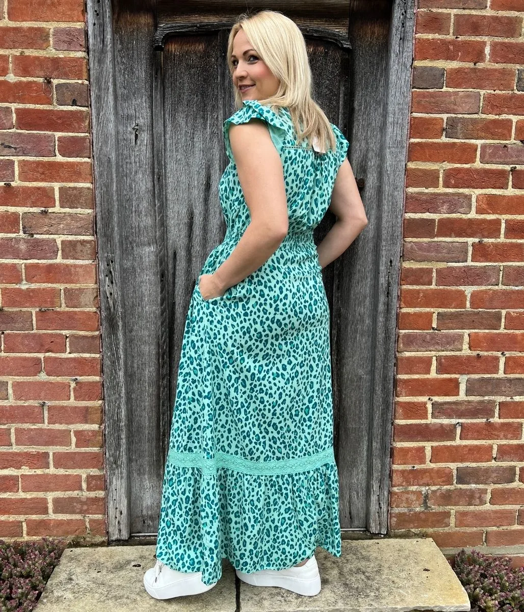 Green Leopard Curve Print Maxi Dress