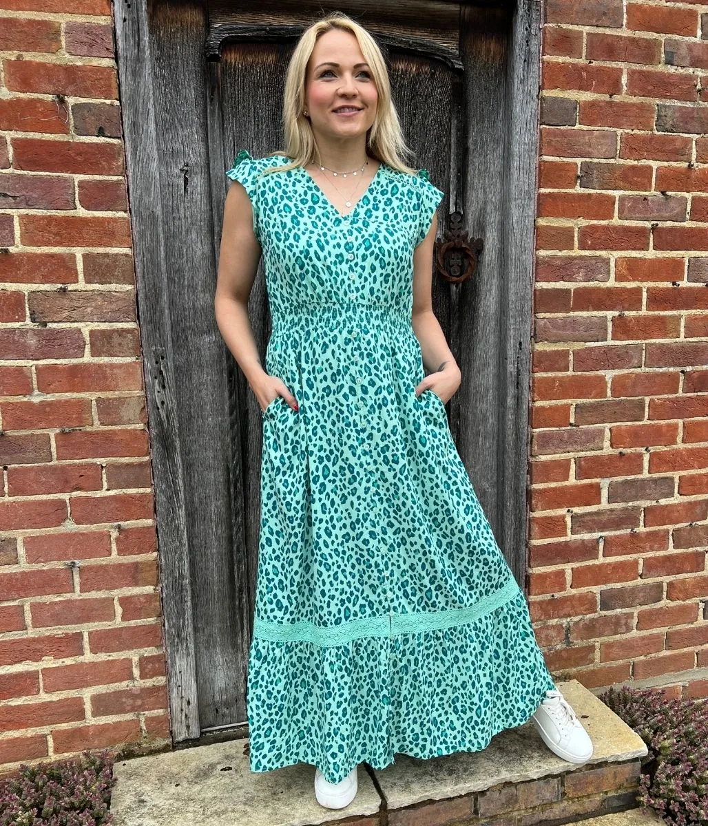 Green Leopard Curve Print Maxi Dress