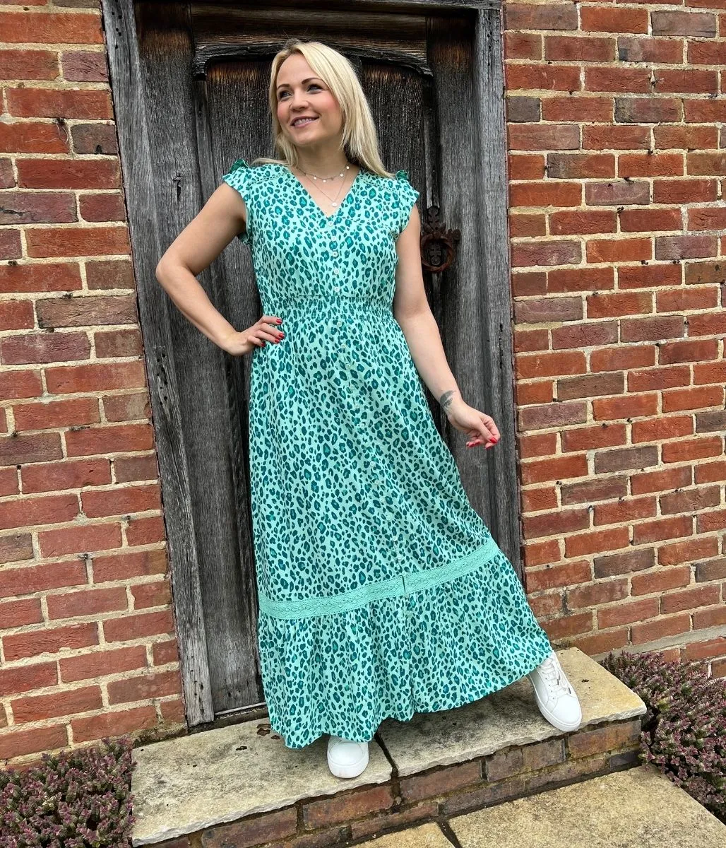 Green Leopard Curve Print Maxi Dress