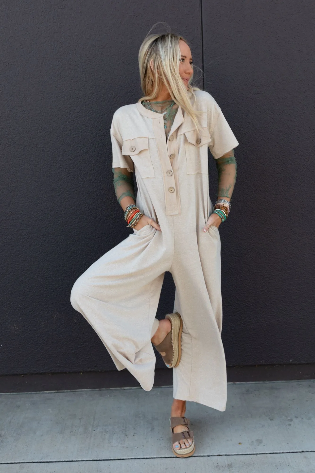 Jodi Short Sleeve Jumpsuit - Taupe