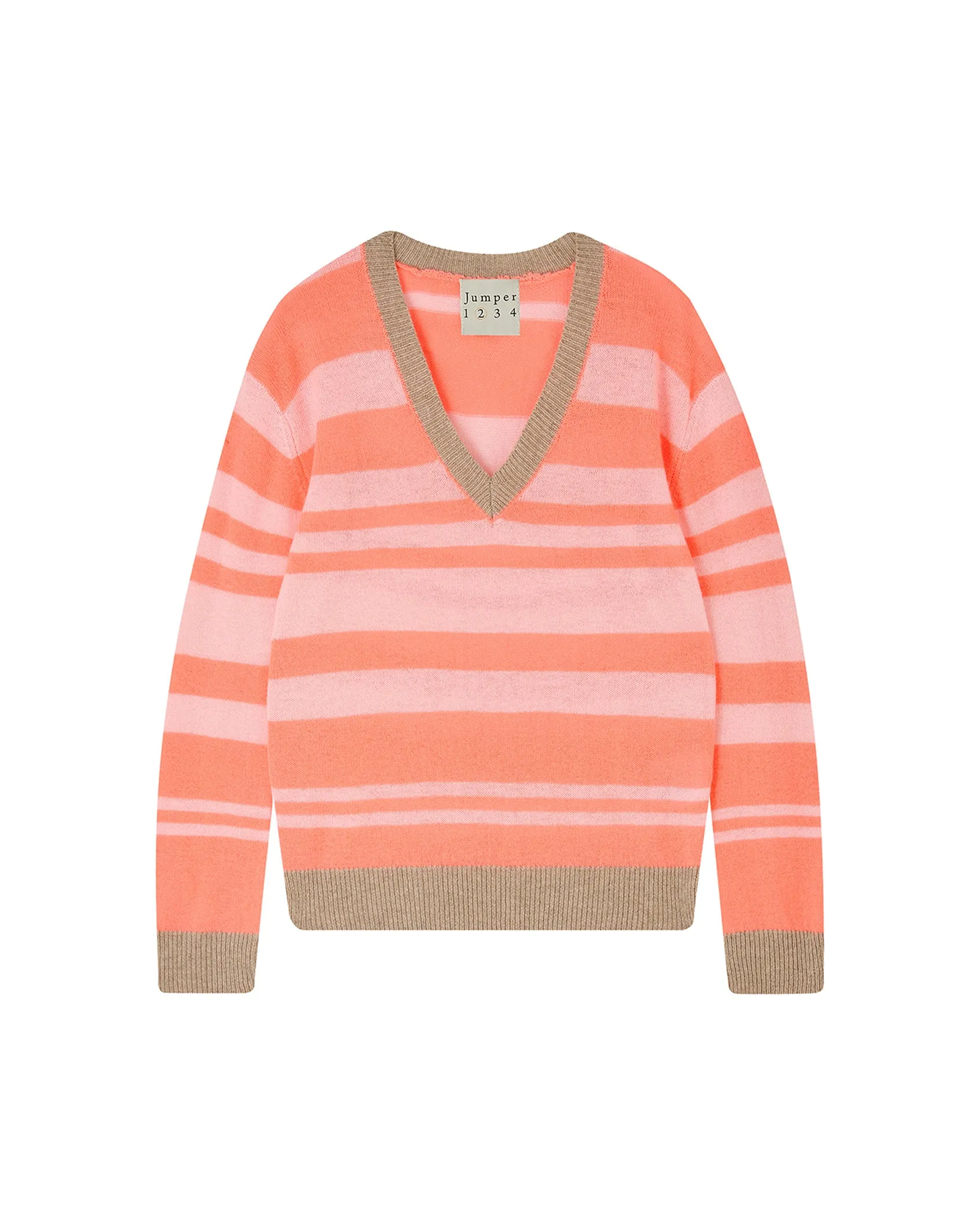 Jumper 1234 Stripe V Neck - Coral and Oatmeal