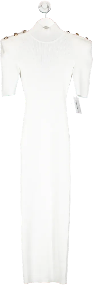 Karen Millen White Petite Viscose Blend Rib Knit Power Shoulder Military Trim Maxi Dress UK XS