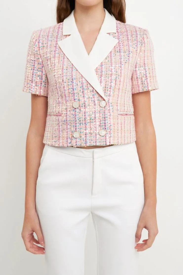 Libby Tweed Short Sleeve Jacket - Pink Sequin