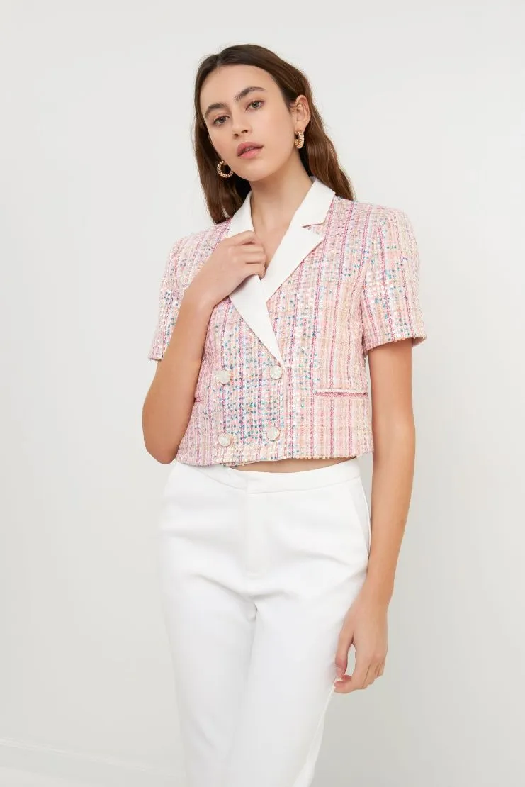 Libby Tweed Short Sleeve Jacket - Pink Sequin