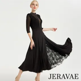 Long Ballroom Practice Dress with High Collar, Stoning Details, and Lace Gussets in Skirt in 3 Colors and Sizes S-XXL PRA 285