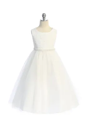 Long Lace Illusion Girls Dress with Thick Pearl Trim