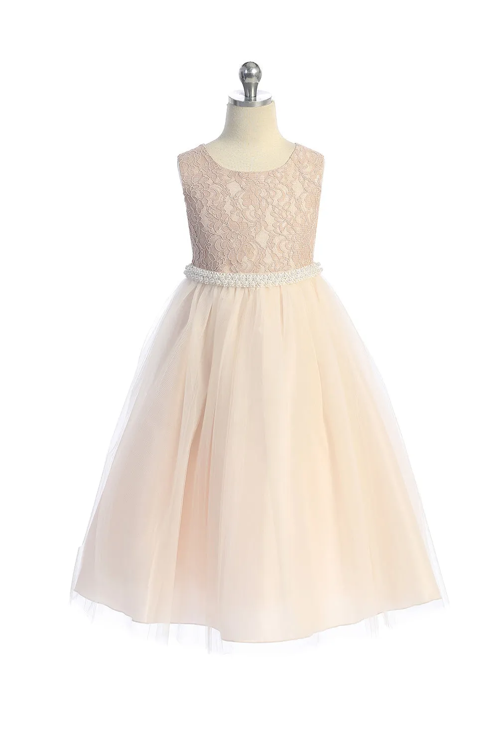 Long Lace Illusion Girls Dress with Thick Pearl Trim