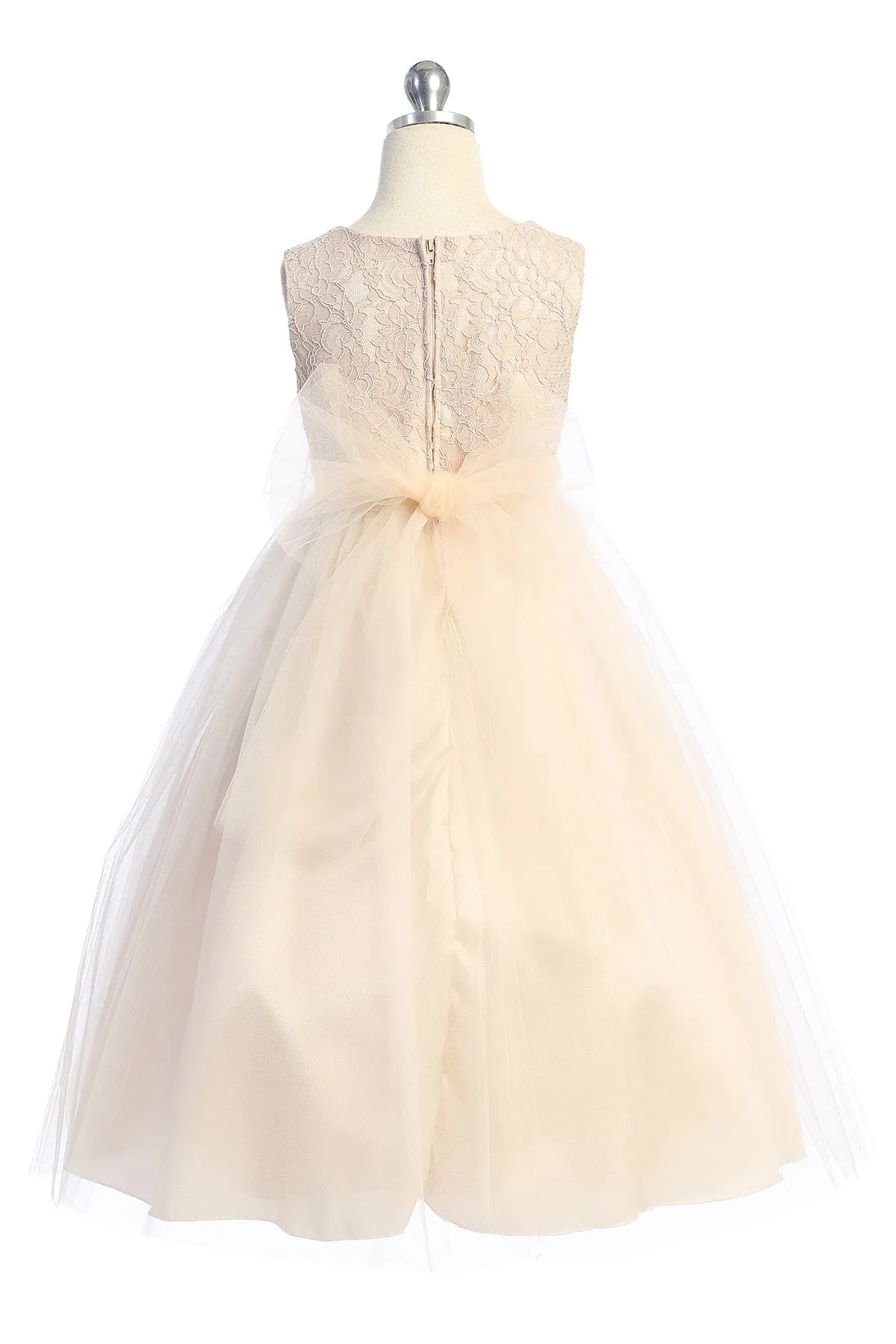 Long Lace Illusion Girls Dress with Thick Pearl Trim