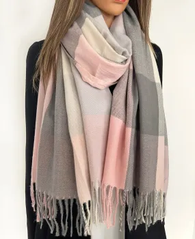 LONG LIGHT BLUSH PINK WOOL MIX CHECKED TARTAN SCARF