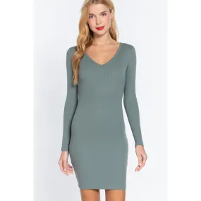 Long Slv V-neck Mini Rib Dress