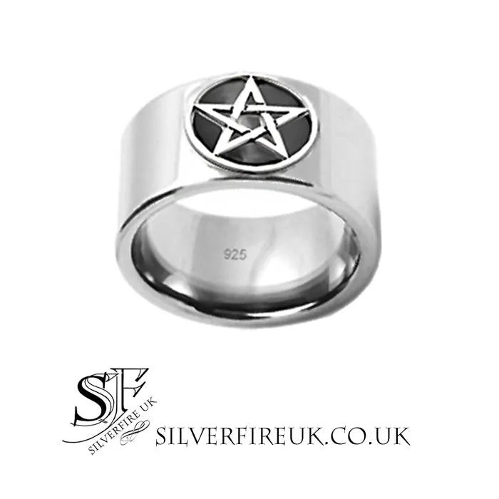 Mens Wide Band Pentagram Ring, Black Enamel & Silver, Handmade