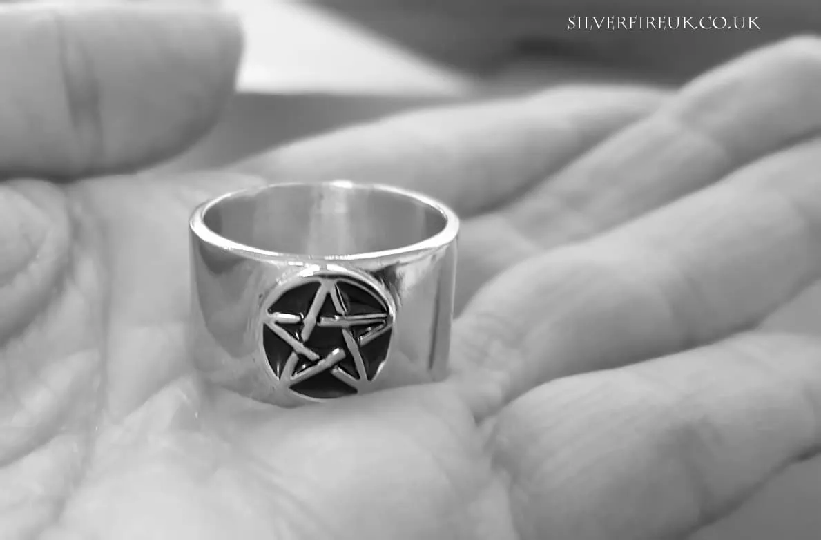 Mens Wide Band Pentagram Ring, Black Enamel & Silver, Handmade