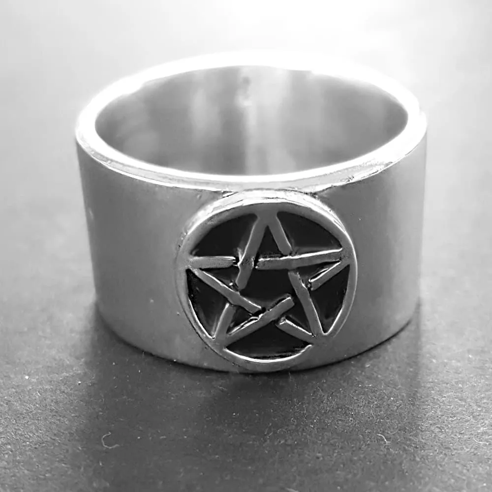 Mens Wide Band Pentagram Ring, Black Enamel & Silver, Handmade