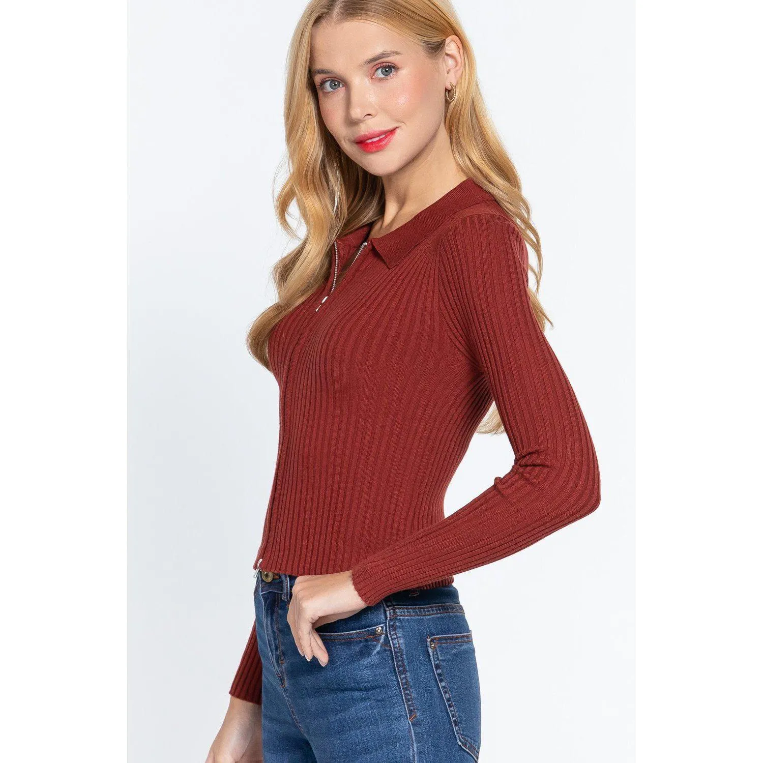 Notched Collar Zippered Sweater