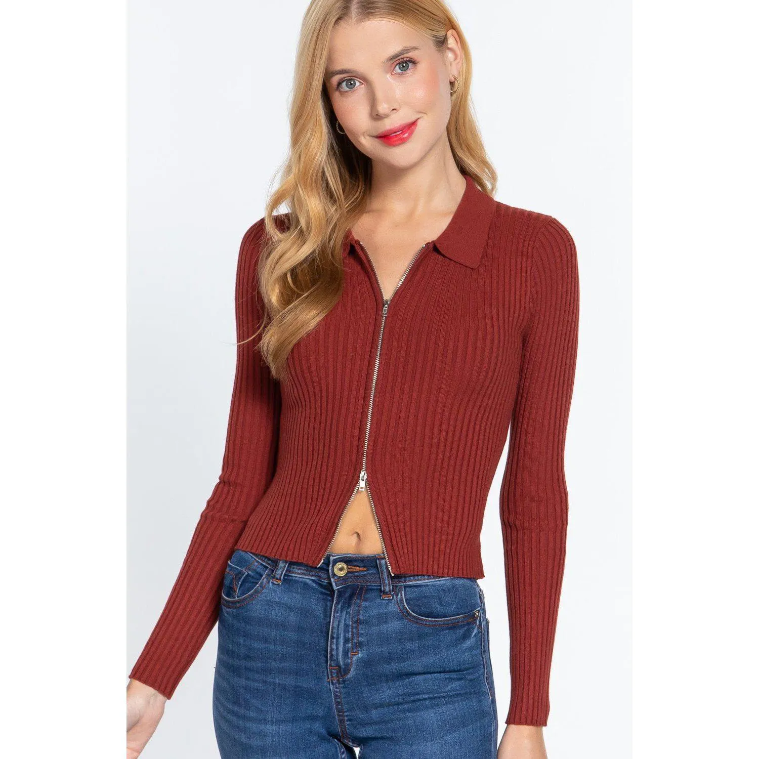 Notched Collar Zippered Sweater