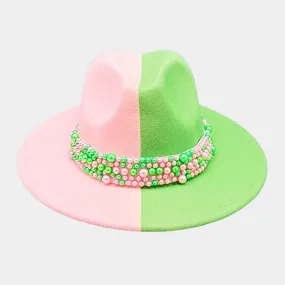 Pink and Green Pearl Embellished Band Pointed Color Block Fedora Hat