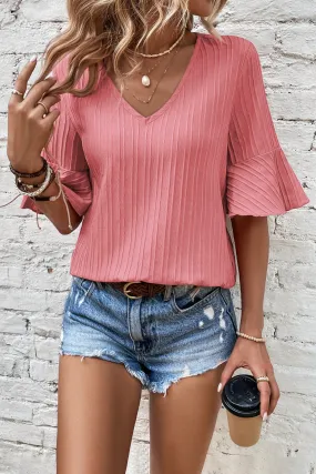 Ruffled Half Sleeve V Neck Textured Top