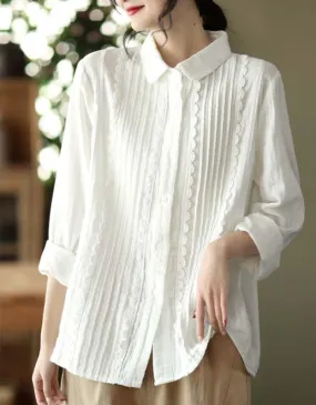 Spring Long Sleeve Pleated Lace Linen Shirt