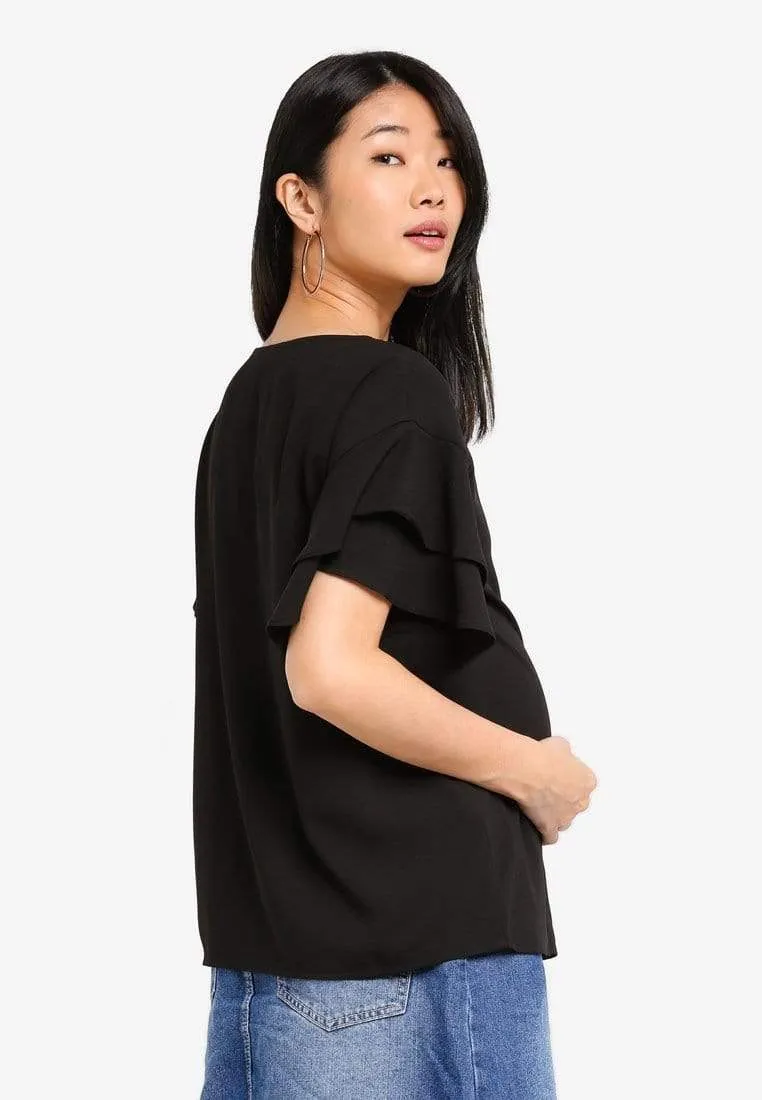 Tier Flounce Sleeves Cicilia Nursing Top Black