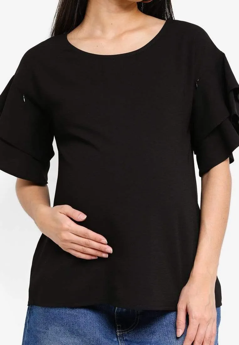 Tier Flounce Sleeves Cicilia Nursing Top Black