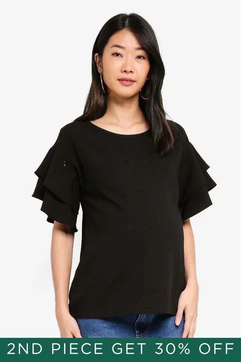 Tier Flounce Sleeves Cicilia Nursing Top Black