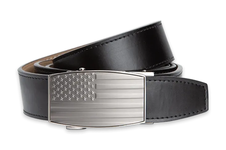 USA Embossed Pewter Flag, 1 3/8 Strap, Black Golf Belt