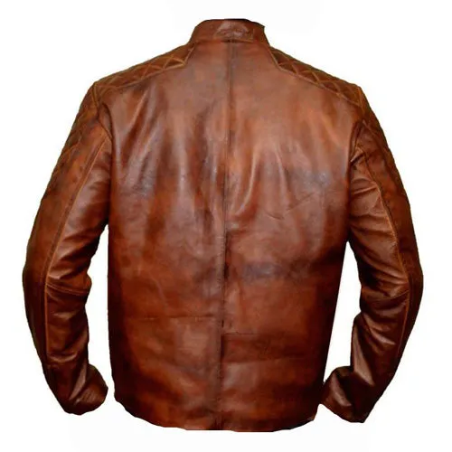 Vintage Tan cafe racer leather jacket with quilted patches