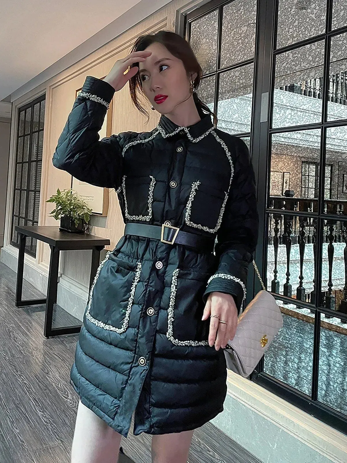 Women Black Tweed Quilted Down Puffer Padded Coat,Warm Winter Coat,White down Coat,Warm Puffy Coat,Quilted Down Jacket,Puffer Coat,Outerwear