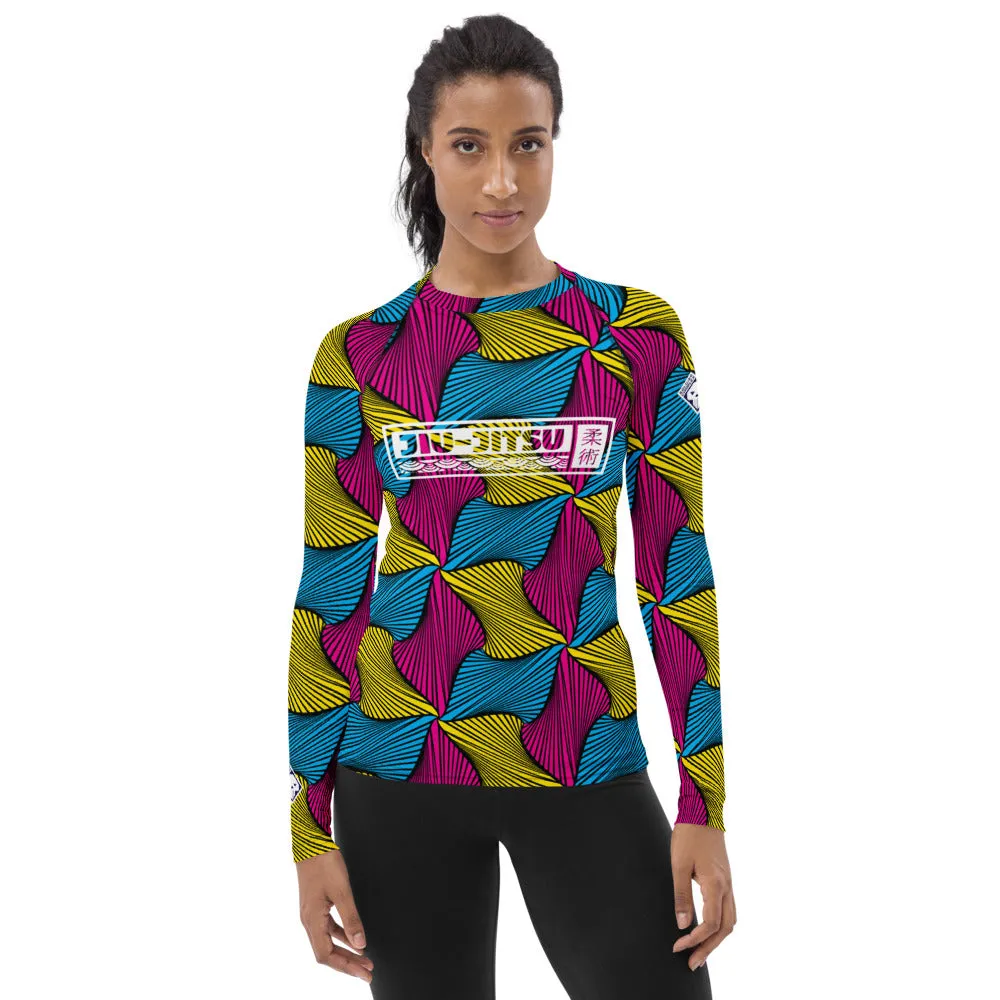 Women's Ankara Wax Print Rash Guard 001 - Long Sleeve No Gi BJJ Compression Rash Guard for Jiu Jitsu, MMA, Grappling and Wrestling