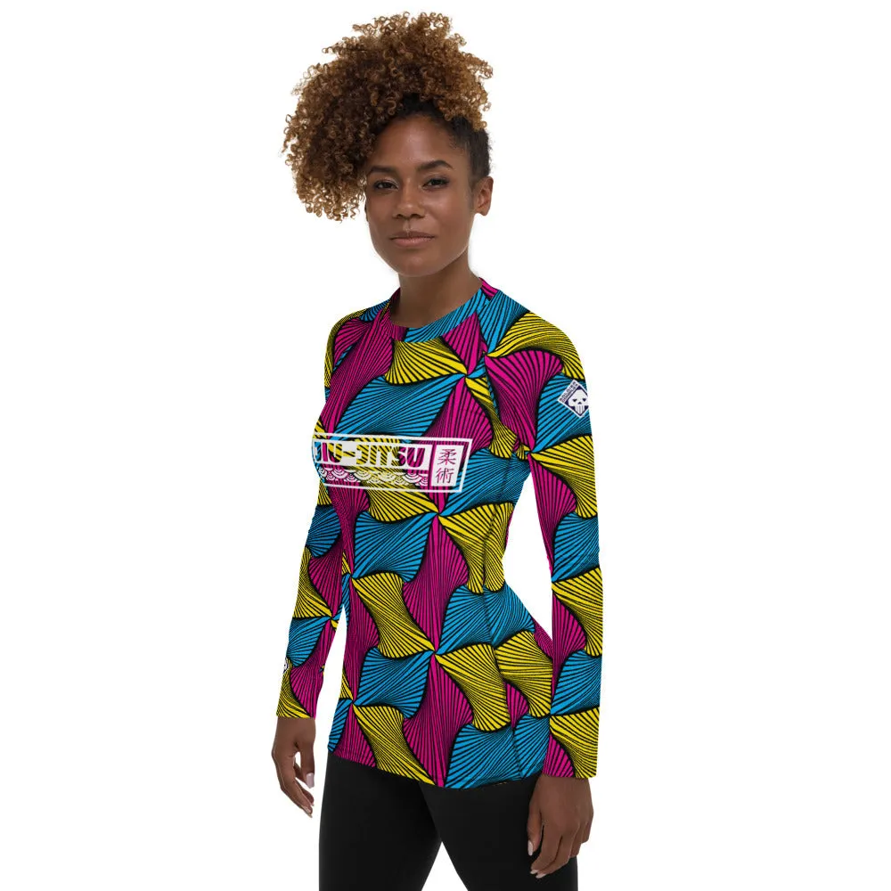 Women's Ankara Wax Print Rash Guard 001 - Long Sleeve No Gi BJJ Compression Rash Guard for Jiu Jitsu, MMA, Grappling and Wrestling