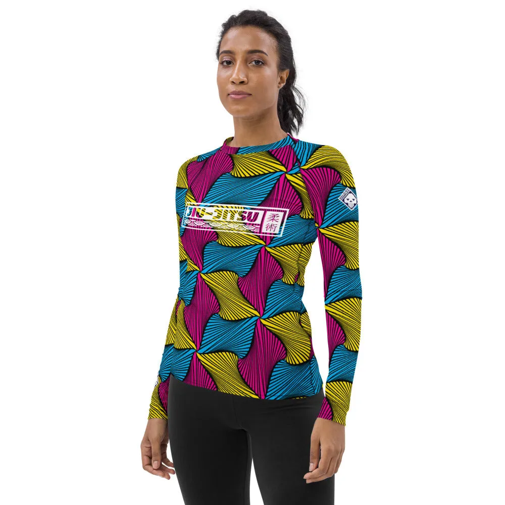 Women's Ankara Wax Print Rash Guard 001 - Long Sleeve No Gi BJJ Compression Rash Guard for Jiu Jitsu, MMA, Grappling and Wrestling