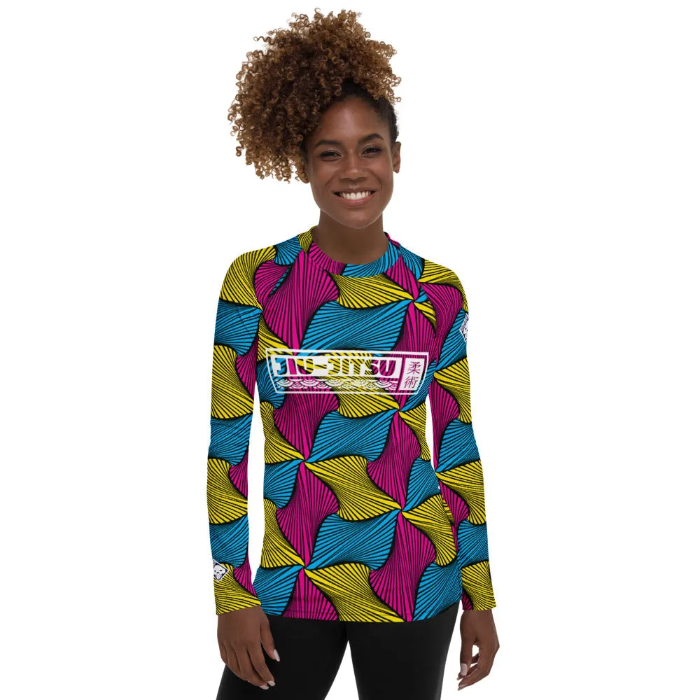 Women's Ankara Wax Print Rash Guard 001 - Long Sleeve No Gi BJJ Compression Rash Guard for Jiu Jitsu, MMA, Grappling and Wrestling