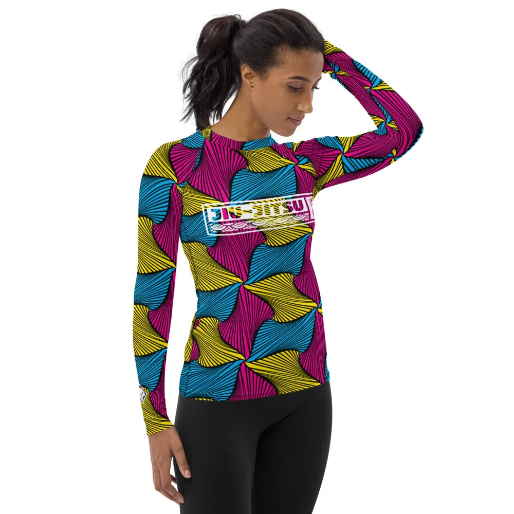 Women's Ankara Wax Print Rash Guard 001 - Long Sleeve No Gi BJJ Compression Rash Guard for Jiu Jitsu, MMA, Grappling and Wrestling