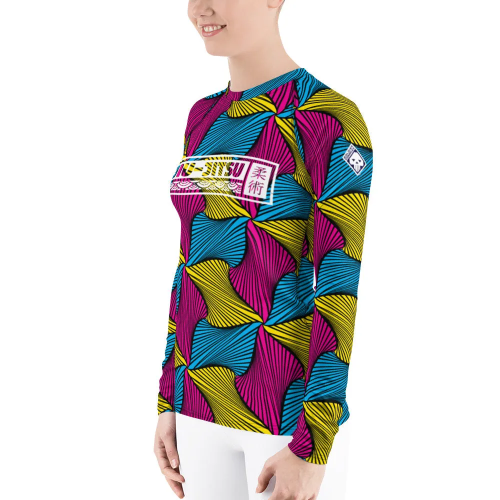 Women's Ankara Wax Print Rash Guard 001 - Long Sleeve No Gi BJJ Compression Rash Guard for Jiu Jitsu, MMA, Grappling and Wrestling